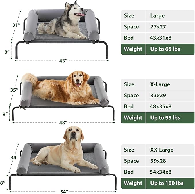 Cooling Elevated Dog Bed for Large Dogs – Waterproof Raised Dog Cot with Slope Headrest, Breathable Teslin Mesh, Durable & Portable Pet Bed for Indoor and Outdoor Use, Grey