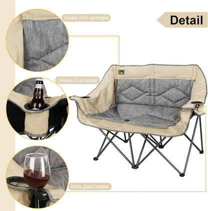 Northroad Folding Loveseat Camping Chair Portable Double Duo Full Padded Garden Chair for 2 Person Sofa w/ 2 Cup Holder,Wine Glass Holder,Mesh Storage,Support 600lbs for Picnic Beach Travel (Beige)