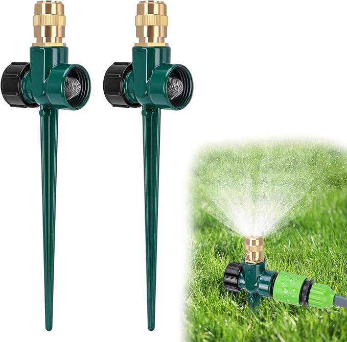 2 Pack Metal Lawn Sprinklers for Yard, Automatic Water Sprinklers with Spike Base, Adjustable Brass Sprinkler Nozzle with 360 Degree Large Area Coverage for Lawn Grass and Garden Irrigation (Green)
