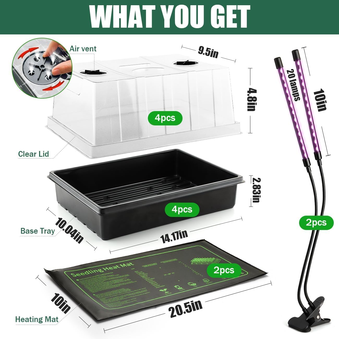 Seed Starter Trays with LED Lights and Heat Mat - 4p Seedling trays with 5" Higher Humidity Domes, 2p Flexible Grow Lights and 2p Constant Temperature Heating Mats, Propagation Tray for Planting Seed