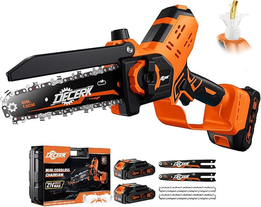 Mini Chainsaw Cordless - DECERK Brushless 6 Inch Electric Chain Saw, Portable Left Handheld Chainsaw Battery Powered for Tree, Branch, Wood, Best Gift Saw Tools for Household & Garden, Men Dad Husband