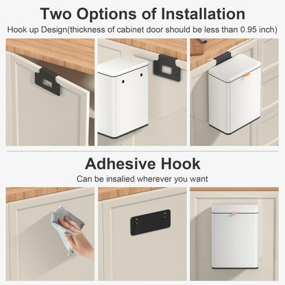 Mbillion Kitchen Compost Bin Hanging Trash Can with Lid 2.1 Gallon Stainless Steel Garbage Can for Kitchen Cabinet Door Mounted Trash Can Under Sink Door RV Bathroom,White