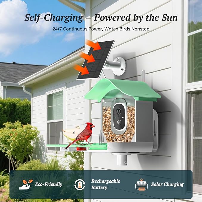 Smart Bird Feeder with Camera, 2K HD AI Identify Birds Species, Bir d Watching Camera with Solar Panel, Instant Notifications, Ideal Present for Bir d Lover, Grass Green
