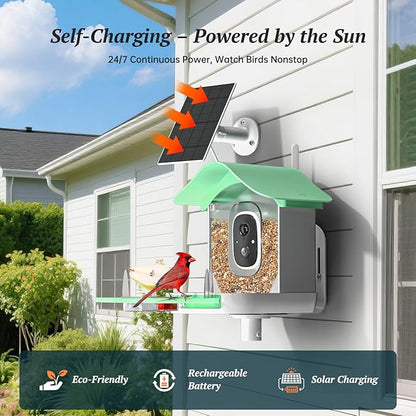 Smart Bird Feeder with Camera, 2K HD AI Identify Birds Species, Bir d Watching Camera with Solar Panel, Instant Notifications, Ideal Present for Bir d Lover, Grass Green