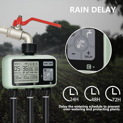 Sprinkler Timer,Auto&Manual Mode, Rain Delay Mode Water for Garden Hose Outdoor IPX5 Waterproof Irrigation Timer 3 Zone for Yard, Lawns and Pool