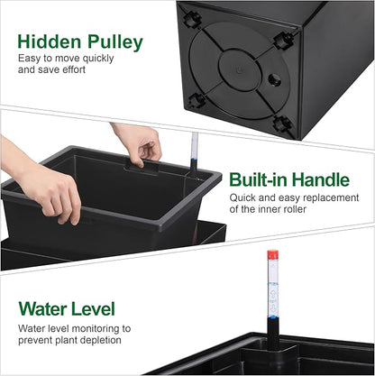 GarveeLife 30 in Tall Planters Set of 2, Outdoor＆Indoor Black Planter Pots, High Front Porch Planter Pots With Drainage Holes＆Water Level Monitor Movable Wheels ＆Inner Bucket, Automatic Watering,Black