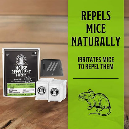 Grandpa Gus's Extra-Strength Mouse Repellent with Bonus Pouch Holder, Cinnamon/Peppermint Oils Repel Mice from Nesting & Freshen Air in Car/RV/Boat/Garage/Shed/Cabin, 1.75 Oz (10 Pouches)