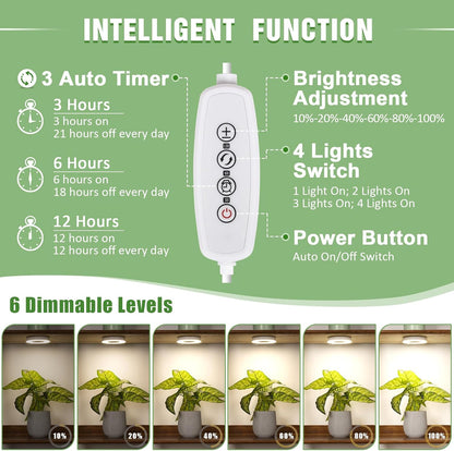 LORDEM Ceiling Grow Light for Indoor Plants, 192 LEDs Full Spectrum LED Plant Light, Plant Lamp with 3/6/12H Auto Switch, 4 Brightness Levels, Individual Bulb Control, Quad Head, Corded