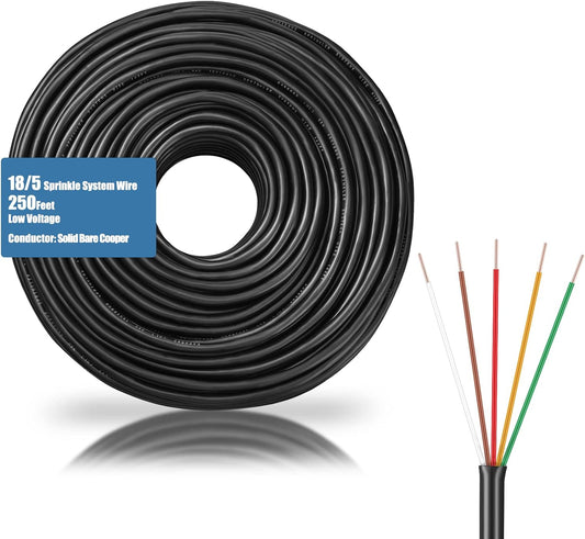 Hoolerry Solid Sprinkler System Wire 18 Gauge Irrigation Wire with UV Resistant PVC Jacket Sprinkler Cable for Underground Irrigation Field Central Control System 30v Ul Listed(18/5, 250 Ft)