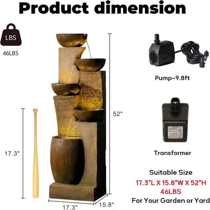 51.4" H Large Water Fountain Outdoor&Indoor, 5-Tiers Cascading Modern Feature Crocks Garden Fountains and Waterfalls with Warm Lights for Porch, Deck, Patio, Home Décor (Brown)