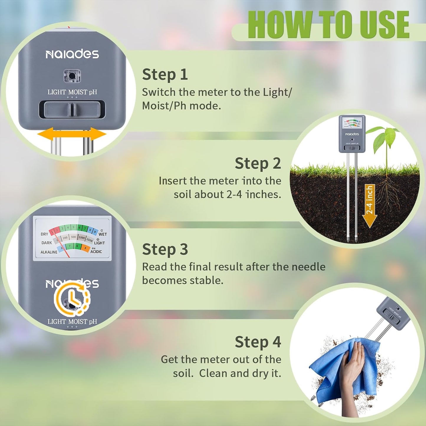Professional 3-in-1 Soil Tester - Moisture/Light/pH Meter with Lab-Calibrated Probes, 90° Rotatable Display for Indoor/Outdoor Plants (Battery-Free) (Grey)
