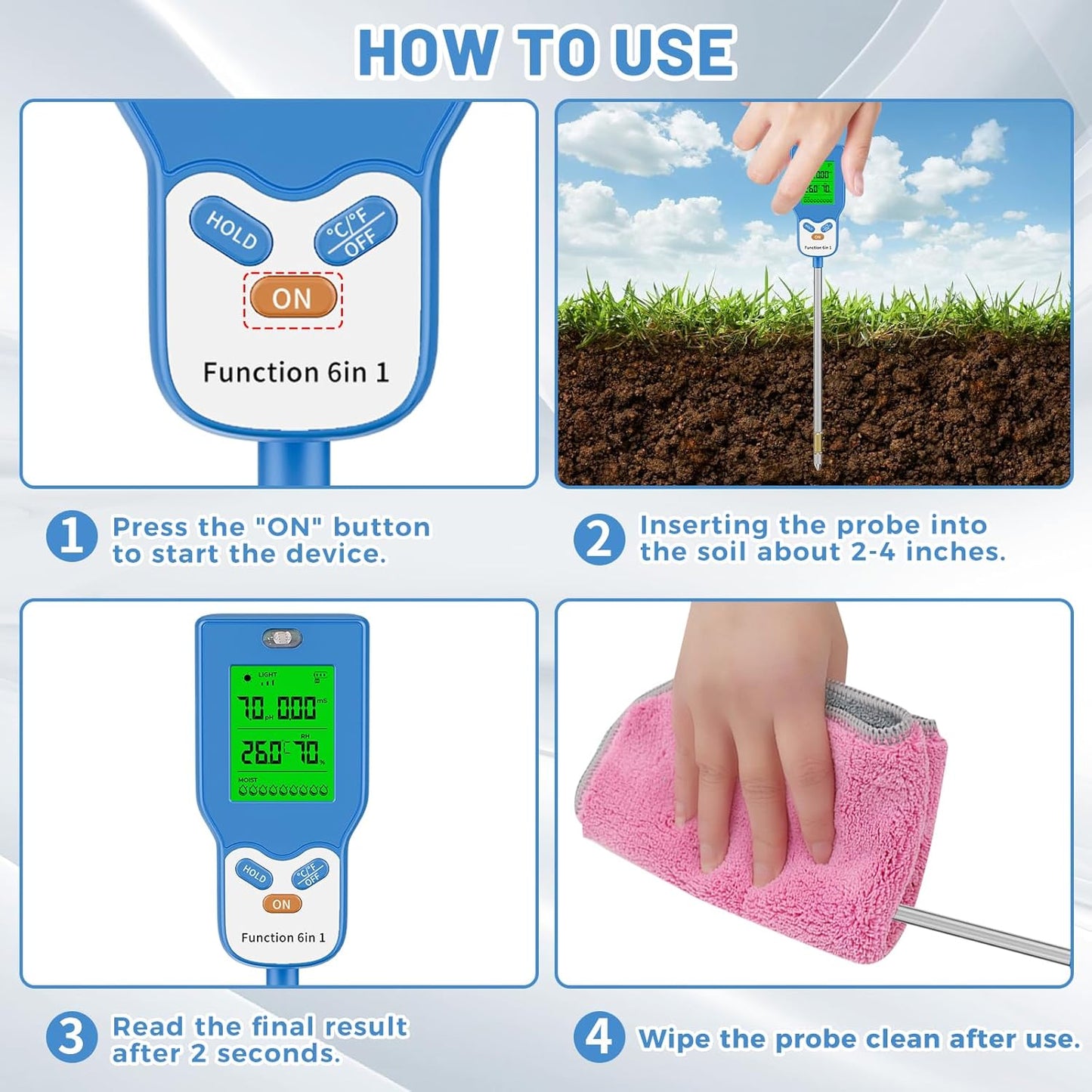 6-in-1 Soil Tester Digital PH Meter/Soil Moisture/Sunlight Intensity/Air Temp & Humidity/Fertility Soil Meter with Backlight LCD Display for Gardening, Farming, Indoor and Outdoor Plants