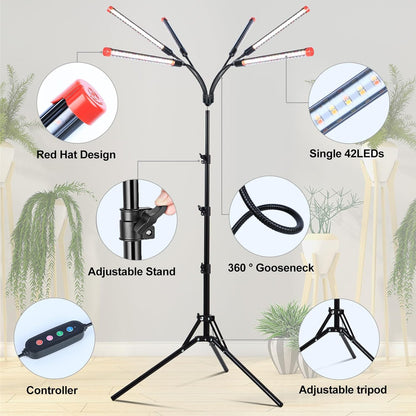 6Head Grow Lights for Indoor Plants, Seed Starting, Vegetables, Bonsai with Tripod Stand and Auto On/Off Timer 4/8/12H, 54W Power Full Spectrum Standing LED Plant Growing Lamps, 360° Gooseneck