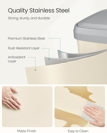 SONGMICS Kitchen Trash Can, 18-Gallon Stainless Steel Garbage Can, with Stay-Open Lid and Step-on Pedal, Soft Closure, Tall, Large and Space-Saving, Sand Beige and Dove Gray ULTB520A01