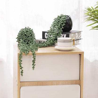 Tiita Artificial Hanging Plants, Faux Succulents in Pots, Realistic String of Pearls Plants for Home Office Accessories Window Sill Bathroom Bedroom Fake in Black Ceramic Pots, Set of 2
