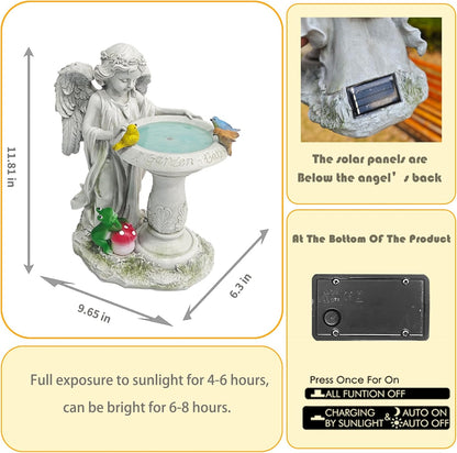 Solar Angel Garden Sculpture with Color - Changing Lights,Resin Garden Outdoor Decorations Figurine with Birds,Frog & Mushroom for Home,Yard,Patio,Balcony,Lawn - Unique Housewarming Gifts