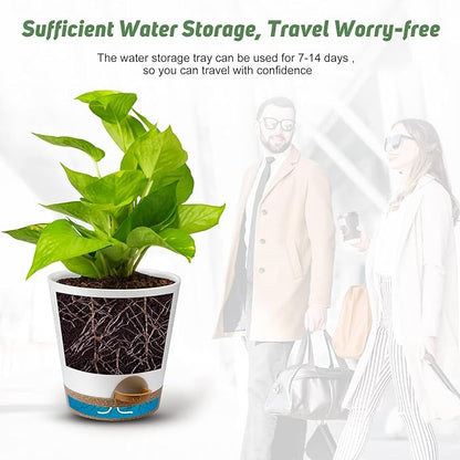 Indoor Self Watering Planters with Drainage Holes and Saucers, 8, 7, 6.5, 6, 5.5, 5 Inches, White, 6 Pots
