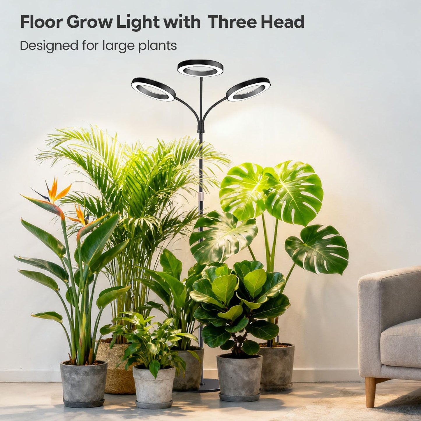 Garpsen Halo Floor Grow Light, Three-Head Full Spectrum LED Plant Light with Base, 5 Dimmable Levels & Timer 6/12/16H, 3 Color Modes Grow Lamp with 252 LEDs, 67''Height Adjustable for Large Plants