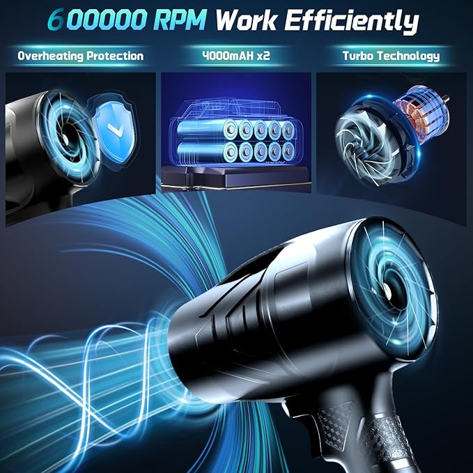 Leaf Blower Cordless Handheld Dust Cleaner, 600000RPM Portable Electric Leaf Blowers with 2 x 4000mAh Batteries, High-Speed Turbo Jet Blower for Patio Cleaning, Lawn Care, Leaves (Black)