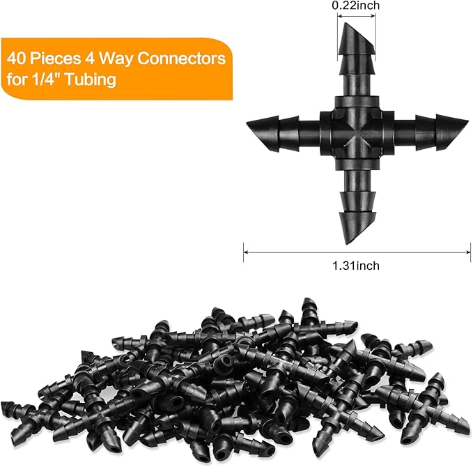 1/4" Drip Irrigation Cross Fittings, 45 Pieces Barbed 4-Way Cross Irrigation Parts for 1/4 Inch Drip Tubing, Drip Line 4-way Tee Connectors T Parts for Sprinkler Garden Lawn