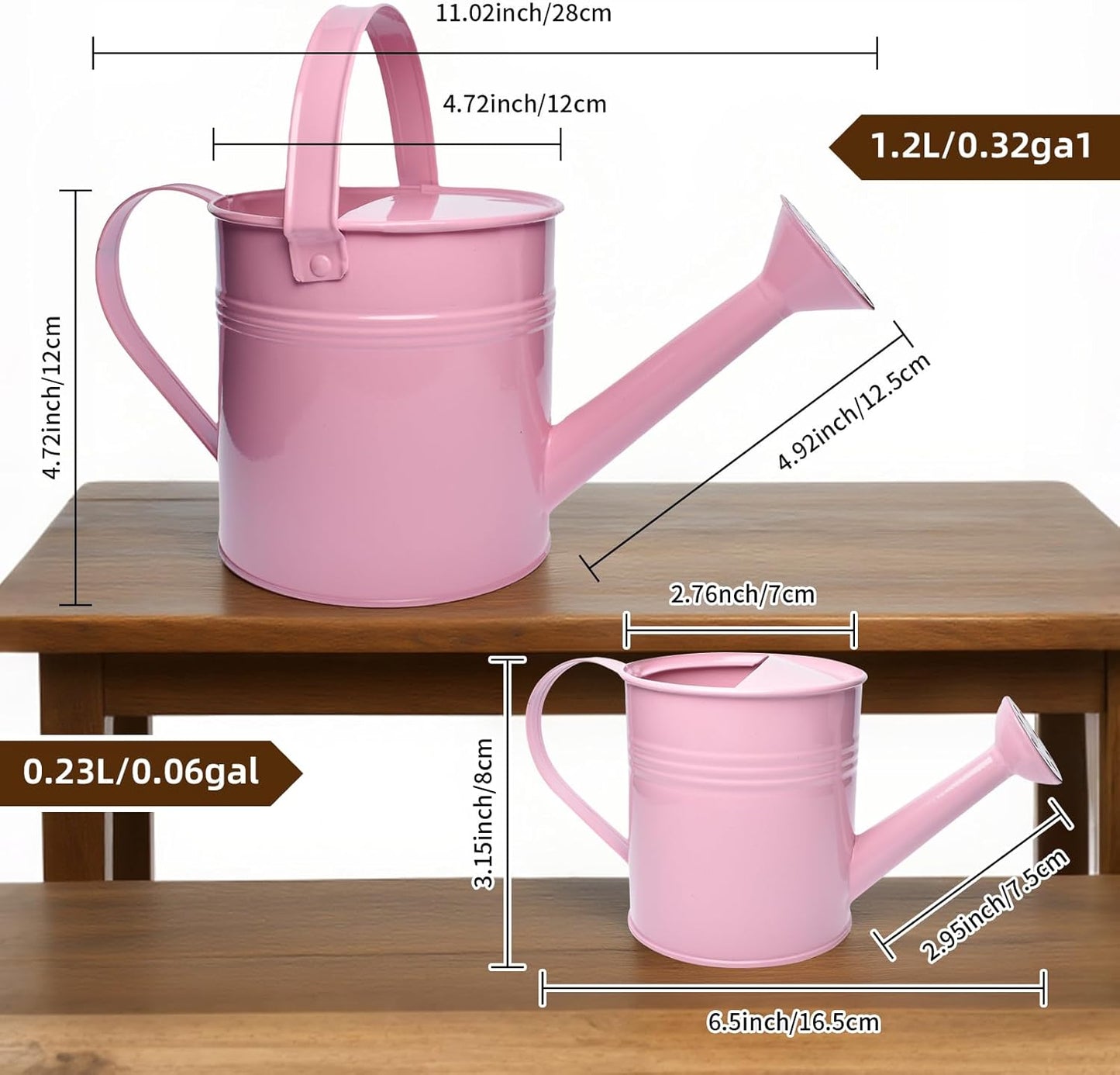 Small Metal Watering Can Set, Pink, 1.2L and 0.23L Garden Cans with Long Spout, Indoor Outdoor Plant Care (Pink)