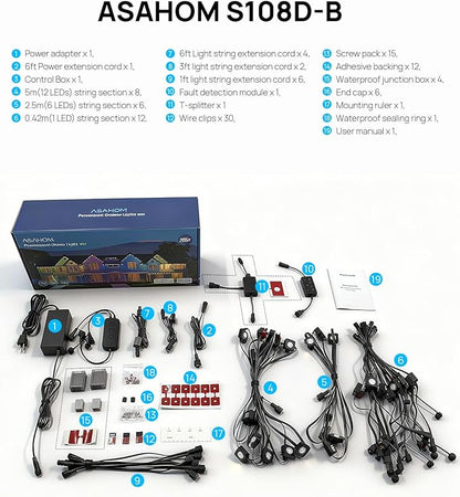 ASAHOM Permanent Outdoor Lights Pro S108D, 200FT with 144 RGBCW LEDs, WLED Integration, AI Lighting, 30000 Lighting Effect Combination, IP67 Waterproof for Halloween Christmas Daily Decor, Black