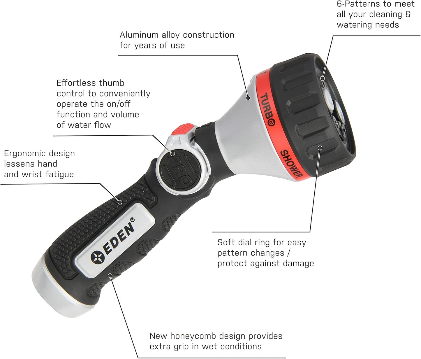 Eden 94824 Heavy Duty Metal Thumb-Control Garden Hose Spray Nozzle 6-Pattern High Pressure Sprayer W/Quick Connector for Hose Watering Garden&Lawn, Showering Pets& Outdoor Fun, Car Washing