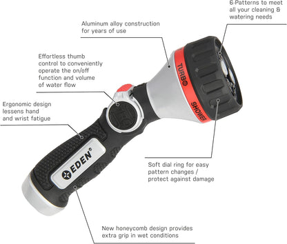 Eden 94824 Heavy Duty Metal Thumb-Control Garden Hose Spray Nozzle 6-Pattern High Pressure Sprayer W/Quick Connector for Hose Watering Garden&Lawn, Showering Pets& Outdoor Fun, Car Washing