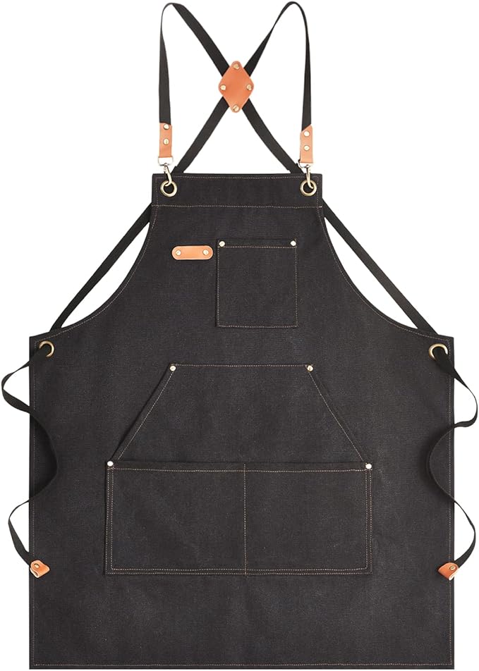 Canvas Aprons for Men Chef Apron, Work Apron with Large Pockets - 16oz Heavy Duty Cross Back, BBQ, Cooking