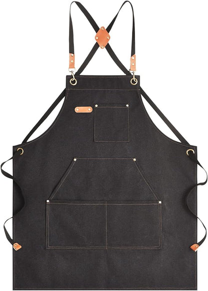 Canvas Aprons for Men Chef Apron, Work Apron with Large Pockets - 16oz Heavy Duty Cross Back, BBQ, Cooking