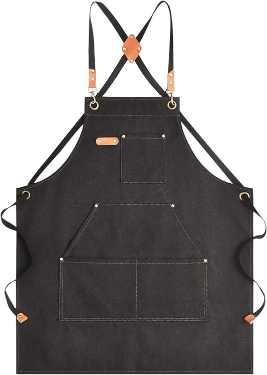 Canvas Aprons for Men Chef Apron, Work Apron with Large Pockets - 16oz Heavy Duty Cross Back, BBQ, Cooking