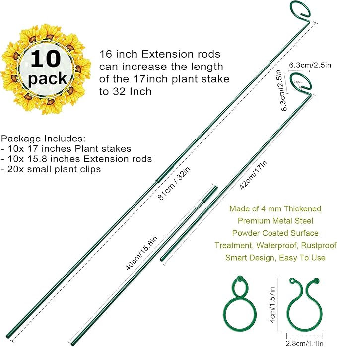 10 Pack Height Adjustable Plant Support Stakes (17" or 32" Inches), Metal Plant Stakes for Indoor Outdoor Plants, Tall Plant Stick Support Ring Cages for Garden Flower Amaryllis Orchid Gladiolus