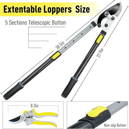 JARDINEER 3PCS Extendable Anvil Loppers for Tree Trimming Heavy Duty, 28-38.5" Branch Cutter with 2 Inch Cutting Capacity, Include Garden Tree Loppers, Pruning Shear and SK5 Spare Blade