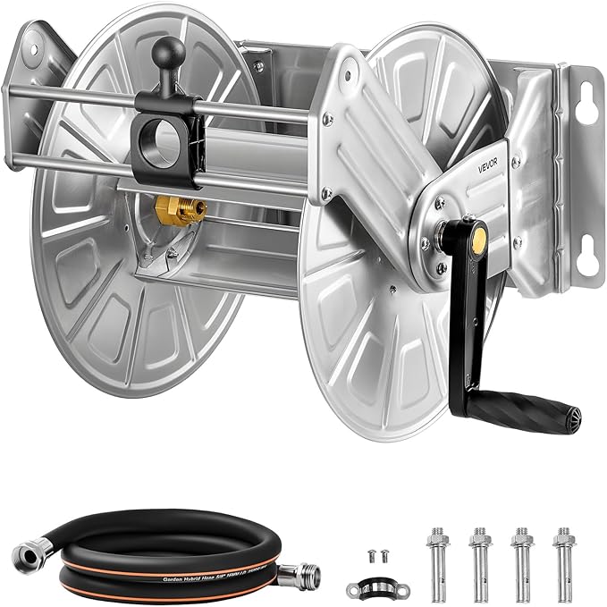 VEVOR Stainless Steel Garden Hose Reel Wall/Floor Mounted, Heavy Duty Manual Hose Winder Holds 150 ft 5/8 in Water Hoses, Outdoor Reel with Brass Fittings & 5 ft Leader Hose for Lawn, Yard, Garage