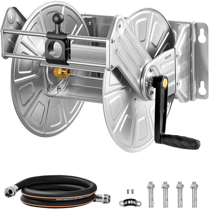 VEVOR Stainless Steel Garden Hose Reel Wall/Floor Mounted, Heavy Duty Manual Hose Winder Holds 150 ft 5/8 in Water Hoses, Outdoor Reel with Brass Fittings & 5 ft Leader Hose for Lawn, Yard, Garage
