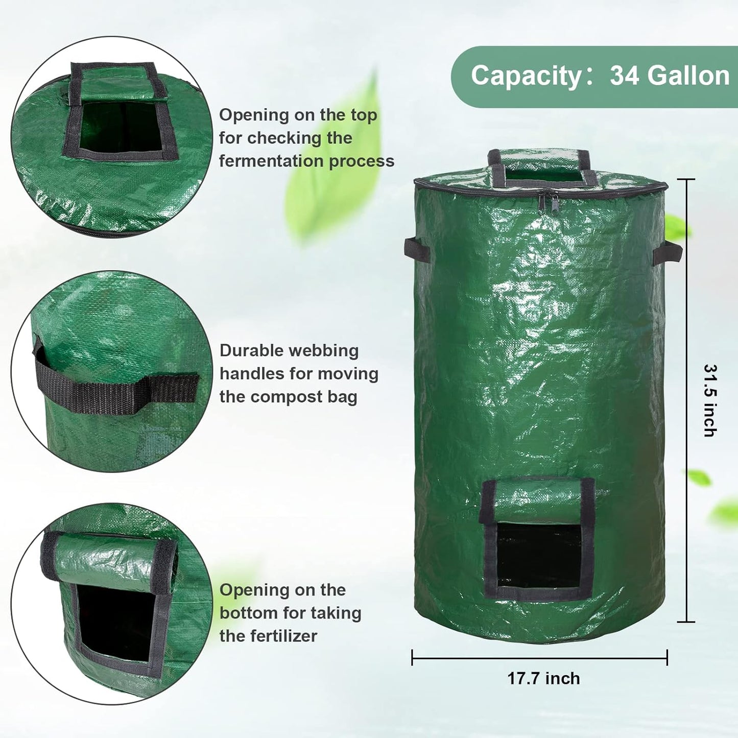 MyLifeUNIT Compost Bins Outdoor, Composting Bin for Outside Garden, Reusable Garden Yard Waste Bag, 34 Gallon (2 Pack, Green)