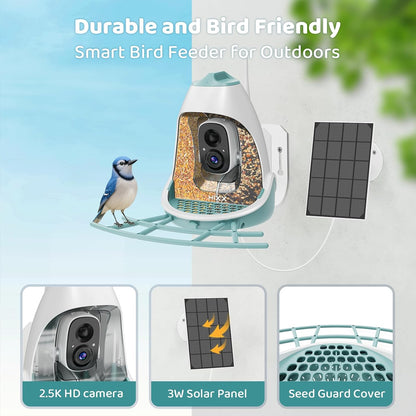 Smart Bird Feeder with Camera, Dual Seed Chambers & Spill Resistant, Solar-Powered HD Birdhouse with Camera Free AI Birds Species Recognition, Real-Time App Alerts – Ideal Gift for Bird Lovers, Blue