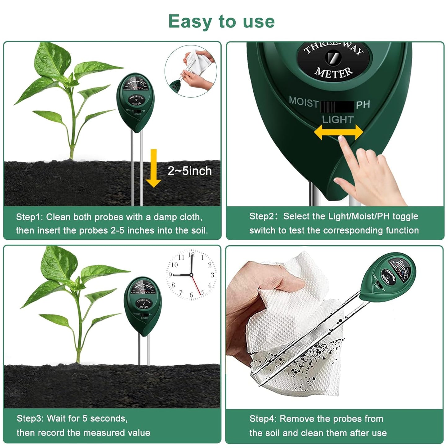 Soil Tester 3-in-1 – Soil Moisture Meter, Light Sensor & Soil pH Tester – No Battery Needed – Plant Moisture & Water Monitor for Garden, Lawn, Farm, Indoor/Outdoor – Promote Healthy Growth