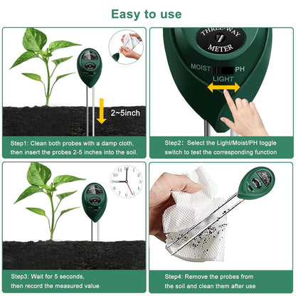 Soil Tester 3-in-1 – Soil Moisture Meter, Light Sensor & Soil pH Tester – No Battery Needed – Plant Moisture & Water Monitor for Garden, Lawn, Farm, Indoor/Outdoor – Promote Healthy Growth