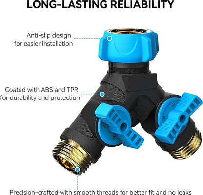 Hose Splitter 2 Way Heavy Duty, Garden Hose Splitter with Dual Shut-Off Valves, 3/4" Water Hose Connector, Leakproof Outdoor Faucet Splitter for Garden, RV, Lawn, Washing