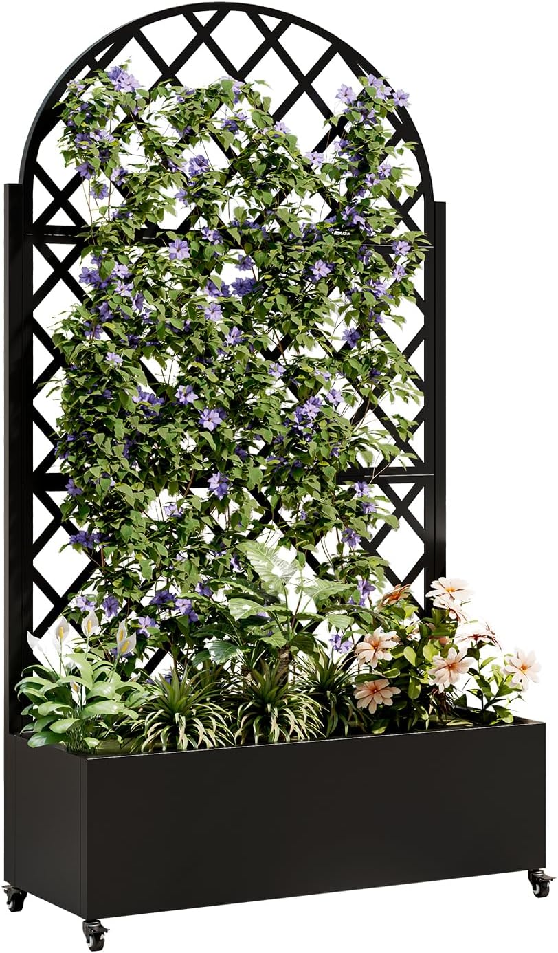 Metal Planter Box with Trellis and Wheels, 73"x35"x16" Galvanized Steel Raised Garden Bed with Drainage Holes and Privacy Screen Function for Climbing Plants, Vegetables, Flowers, and Vines–Black