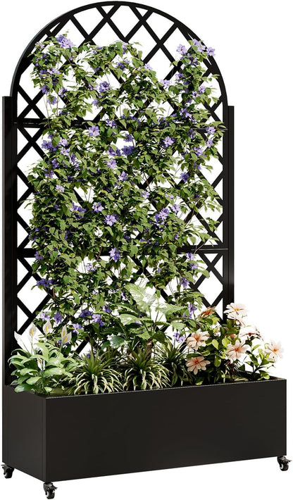 Metal Planter Box with Trellis and Wheels, 73"x35"x16" Galvanized Steel Raised Garden Bed with Drainage Holes and Privacy Screen Function for Climbing Plants, Vegetables, Flowers, and Vines–Black