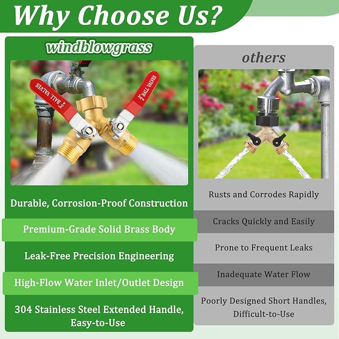 Garden Hose Splitter 2 Way Heavy Duty, Brass Water Hose Splitter with Stainless Steel Long Handle, 3/4 Inch GHT Thread Hose Y Splitter with Shutoff, Faucet Splitter 2 Way with 2 Extra Washers & 1Tape