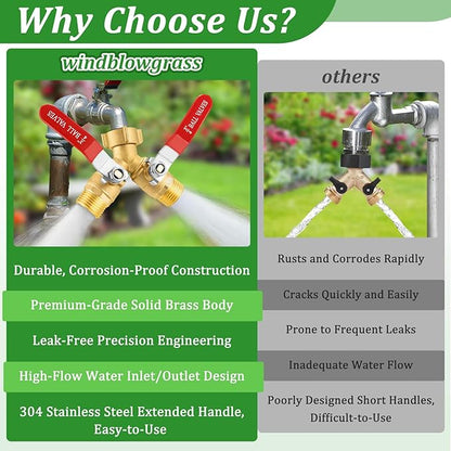 Garden Hose Splitter 2 Way Heavy Duty, Brass Water Hose Splitter with Stainless Steel Long Handle, 3/4 Inch GHT Thread Hose Y Splitter with Shutoff, Faucet Splitter 2 Way with 2 Extra Washers & 1Tape