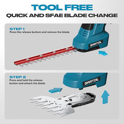 GARTOL Hedge Trimmer Cordless 2-in-1, 12'' Bush Trimmer & 20V Battery Powered Grass Shears with Battery & Charger, Lock, Fast Blade Change, Electric Hedge Shears Compatible with 18V Makita Batteries