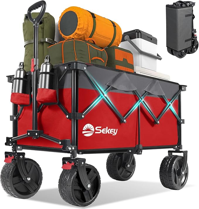 Sekey 220L Collapsible Foldable Wagon with 330lbs Weight Capacity, Heavy Duty Folding Utility Garden Cart with Big All-Terrain Beach Wheels & Drink Holders.Red&Grey