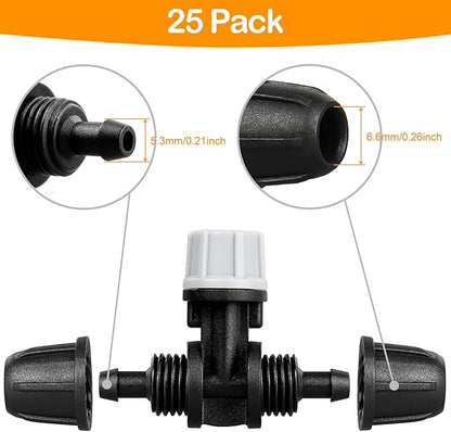 Upgraded Micro Spray Irrigation Drippers, 25 Pieces Three-Way Atomizing Nozzle Fitting for 1/4 Inch Tubing Lock Barbed Drip Line Parts Emitters for Garden Greenhouse Sprinkler Misting System