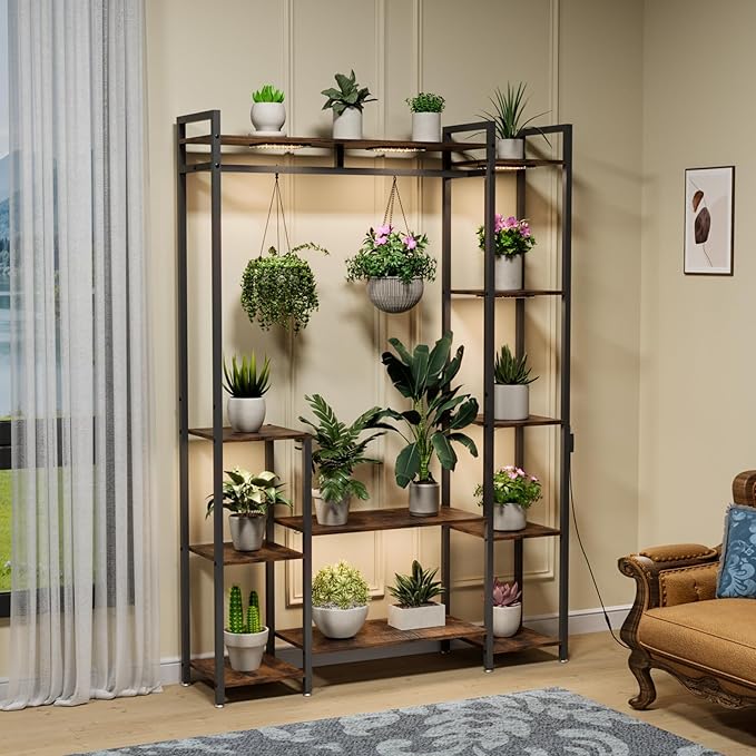 Plant Stand Indoor with Grow Lights 11 Tiered Wood Indoor Plant Shelf 62" Tall Plant Stand Metal Frame for Indoor Plants Multiple Flower Pot Holder, Large Plant Rack for Living Room Patio Corner