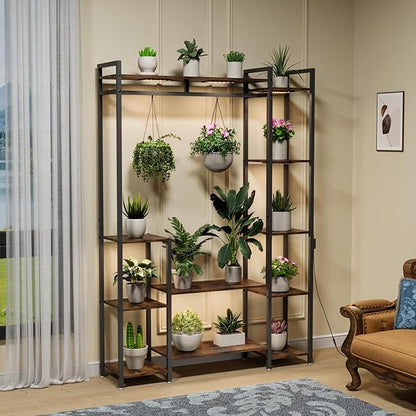 Plant Stand Indoor with Grow Lights 11 Tiered Wood Indoor Plant Shelf 62" Tall Plant Stand Metal Frame for Indoor Plants Multiple Flower Pot Holder, Large Plant Rack for Living Room Patio Corner