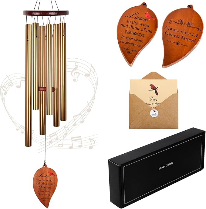 Golden Aluminium Windchimes for Outdoors - Deep Tone Memorial Wind Chimes for Loss of Loved One